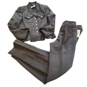 Vintage Carlisle Black Silk Pant Suit Set Womens 14 Wide Leg  Y2K Power Suit